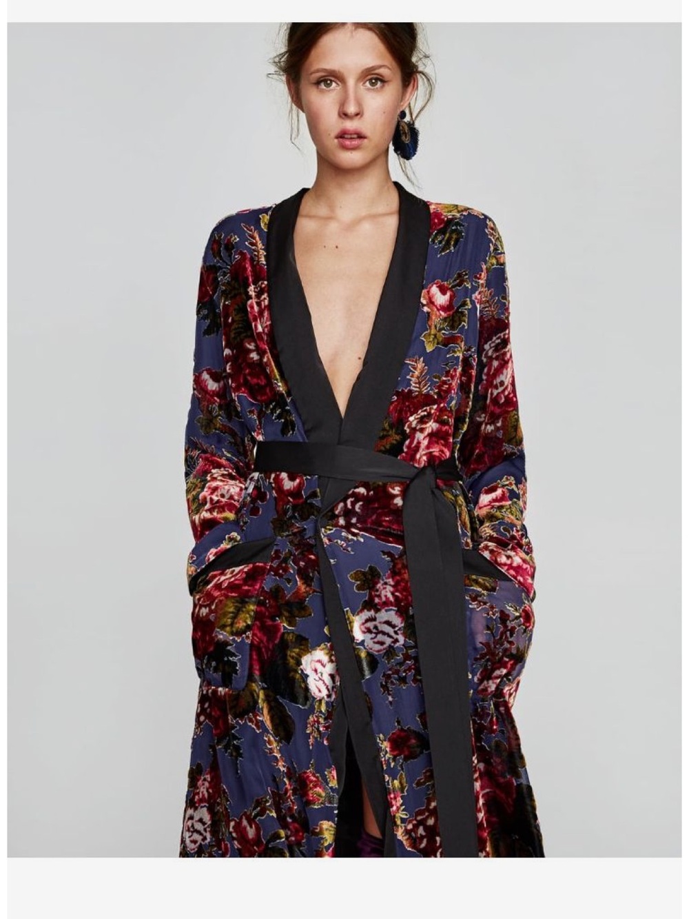 ZARA Woman Premium Collection Velvet Floral Devore Kimono With Belt M